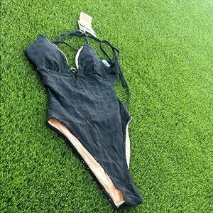 Black Textured One-Piece Swimsuit for Women